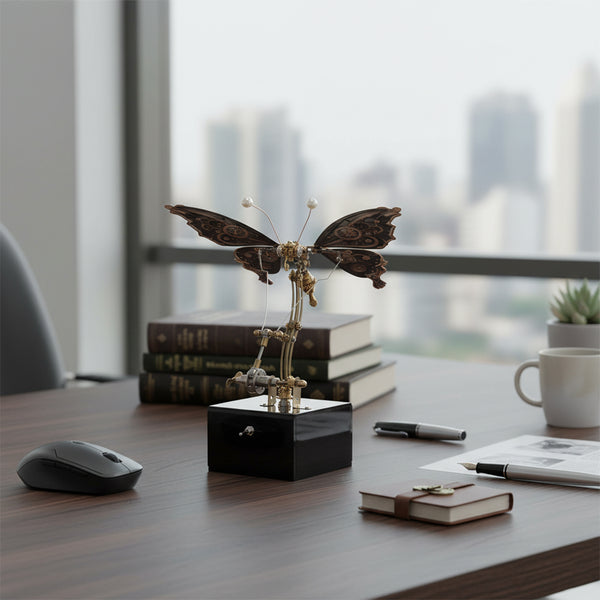  Elegant mechanical steampunk butterfly metal model on an office desk, a decorative 3D puzzle and metal kit for sophisticated collectors.