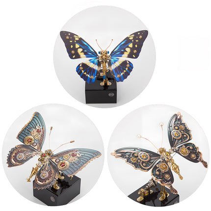 A series of three distinct punk-style butterfly metal models (blue, red, and gray) makes for ideal, eye-catching desktop decorations. These DIY 3D assembly metal kits offer collectors diverse aesthetic choices.