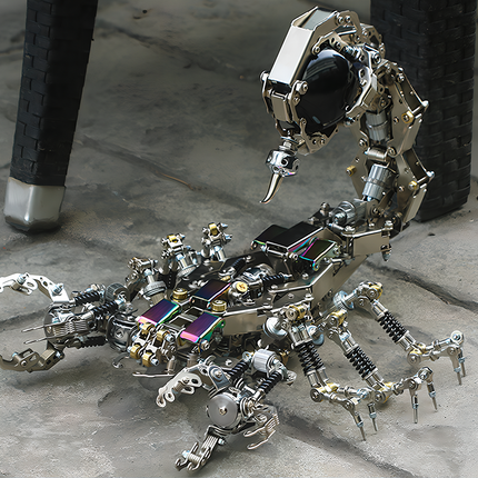 Table Funny Steampunk Mechanical Scorpion 3D Puzzle Metal Kit - A remarkable project for mechanics, steampunk fans, and industrial design lovers, this creation presents a mechanical scorpion with metallic components, intricate gear-driven mechanisms, and futuristic-vintage design, set against an urban backdrop to highlight its sleek, industrial artistry. It’s a desk-centerpiece-worthy Table Funny signature piece that blends engineering precision