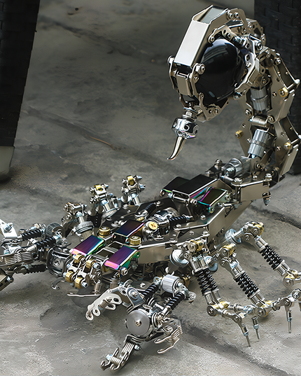 Table Funny Steampunk Mechanical Scorpion 3D Puzzle Metal Kit - A remarkable project for mechanics, steampunk fans, and industrial design lovers, this creation presents a mechanical scorpion with metallic components, intricate gear-driven mechanisms, and futuristic-vintage design, set against an urban backdrop to highlight its sleek, industrial artistry. It’s a desk-centerpiece-worthy Table Funny signature piece that blends engineering precision
