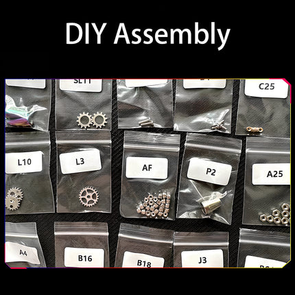 DIY Assembly kit for "Mechanical Firefly" metal model, displaying organized parts for a detailed 3D puzzle and steampunk project.