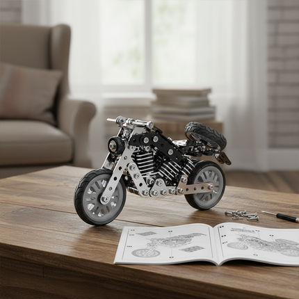 This Mechanical Motorcycle 3D Metal Puzzle Kit features a detailed design with interlocking metallic components. Showcased on a wooden coffee table alongside assembly instructions and tools, it blends mechanical engineering aesthetics with a realistic motorcycle form. Serving as both an engaging assembly project and a distinctive display piece, it’s ideal for hobbyists and puzzle lovers, adding a touch of mechanical creativity to your living space.