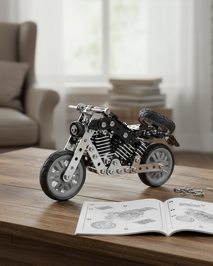 This Mechanical Motorcycle 3D Metal Puzzle Kit features a detailed design with interlocking metallic components. Showcased on a wooden coffee table alongside assembly instructions and tools, it blends mechanical engineering aesthetics with a realistic motorcycle form. Serving as both an engaging assembly project and a distinctive display piece, it’s ideal for hobbyists and puzzle lovers, adding a touch of mechanical creativity to your living space.
