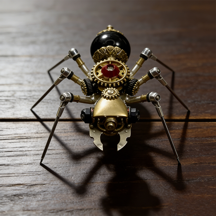 Front view of a mechanical steampunk ant metal model on a rustic wooden table, showcasing its symmetrical steampunk puzzle design and intricate gear work, a creative 3D puzzle from metal kits.