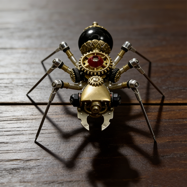  Front view of a mechanical steampunk ant metal model on a rustic wooden table, showcasing its symmetrical steampunk puzzle design and intricate gear work, a creative 3D puzzle from metal kits.
