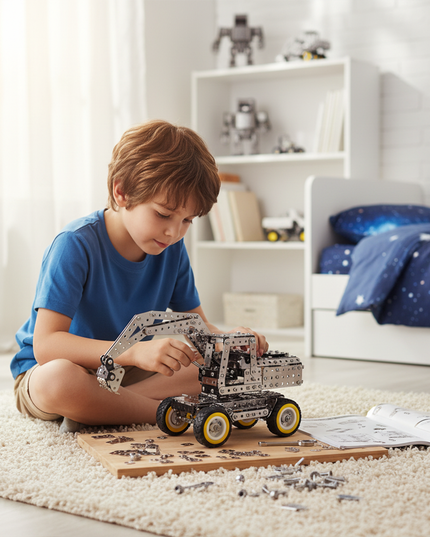 Table Funny Mechanical Excavator 3D Metal Puzzle Kit - An engaging project for mechanics, engineering enthusiasts, and hands-on hobbyists, this creation from Table Funny presents a mechanical excavator with metallic components, user-friendly structural mechanisms, and educational engineering styling, highlighted by safe detachable parts and an easy-to-follow assembly manual. It’s a rewarding Table Funny build experience that merges playful exploration, mechanical cognition, and developmental fun.