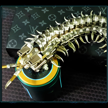 A luxurious mechanical centipede metal model on display, a signature funny table art piece and 3D puzzle from Tablefunny metal kits.