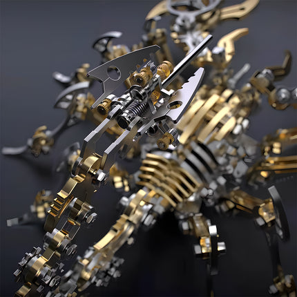 Rear view of the assembled gold scorpion **metal model kit**, emphasizing the complex mechanical connections in the tail of this premium **puzzle mécanique métal**.