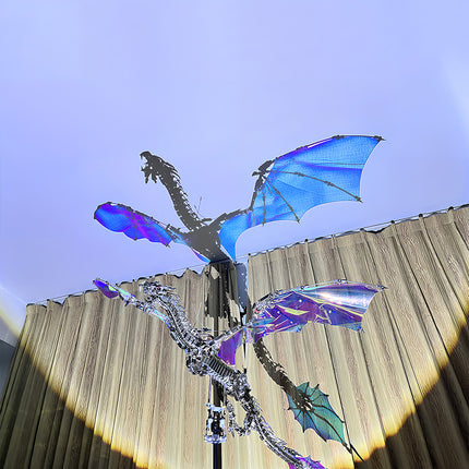 DIY 3D puzzle Metal Kits - Exquisitely crafted "Bloodthirsty Aurora Dragon" metal model: Dazzling iridescent holographic wings that shift vivid hues under light, intricate interlocking mechanical joints, gleaming polished metal skeleton, & dramatic shadow projection—assembled from precision-engineered 3D puzzle metal parts, a breathtakingly detailed DIY metal model for immersive atmospheric showcases