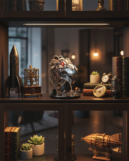  Display shelf featuring a steampunk T-Rex head metal model with glowing eyes, a unique 3D puzzle metal kit, alongside other vintage and DIY decorations.