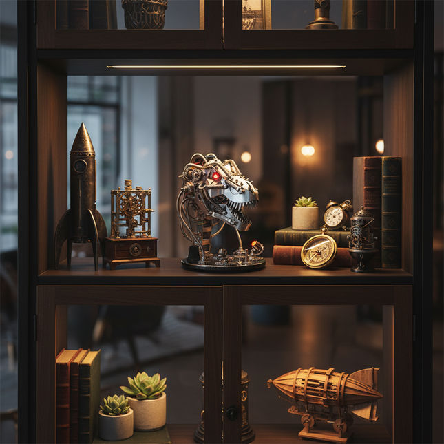  Display shelf featuring a steampunk T-Rex head metal model with glowing eyes, a unique 3D puzzle metal kit, alongside other vintage and DIY decorations.