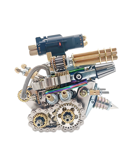 Tablefunny mechanical weapon metal assembly, featuring a Gatling gun, missile launcher, and drill. Intricate gears and chains create a unique tablefunny steampunk desktop accessory