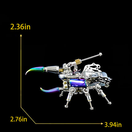  Dimensions of the "Mechanical Dazzling Armor" beetle mech metal model , a detailed steampunk puzzle and 3D puzzle metal kit.
