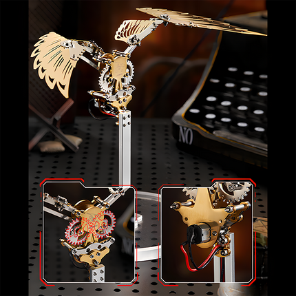 Steampunk Mechanical Bird 3D Puzzle Metal Kit - A captivating DIY toy for mechanics and steampunk enthusiasts, this self-assembled piece showcases a mechanical bird with intricate gear-driven structures, metallic articulations, and a golden aesthetic. It embodies the fusion of retro mechanical art and kinetic innovation, inviting you to craft a visually striking piece of steampunk mechanical artistry with precision and aesthetic sensibility.