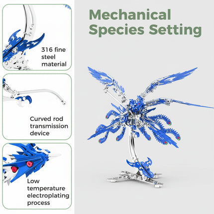 "Mechanical Species Setting" for a blue mechanical phoenix metal model kit, detailing its "316 fine steel material," "Curved rod transmission device," and "Low temperature electroplating process." This metallic 3D puzzle highlights quality.