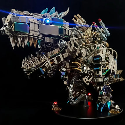 Cyberpunk style **3D metal puzzle** dinosaur featuring heavy back-mounted weaponry and intricate gear details.
