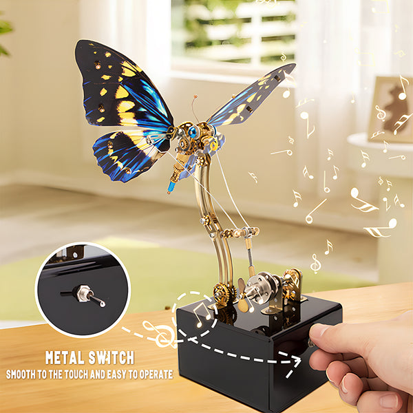Interactive blue-winged steampunk butterfly metal model with a smooth metal switch, an engaging funny table decoration. This DIY 3D puzzle metal kit brings joy with its functional design and musical notes illustration.