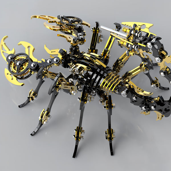 An overhead view of a magnificent golden and black mechanical scorpion, an assembled metal model kit. This metallic 3D puzzle showcases intricate details from every angle.
