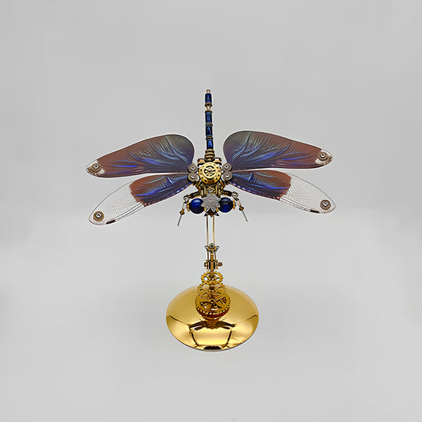 A majestic steampunk puzzle, a mechanical dragonfly with captivating iridescent blue and purple wings, prominently displayed on a gleaming golden stand against a plain background. This symmetrical metal model exemplifies intricate mechanical steampunk design, making it an impressive 3D puzzle Metal Kit for enthusiasts or a striking steampunk mech showpiece that embodies precision and artistry.