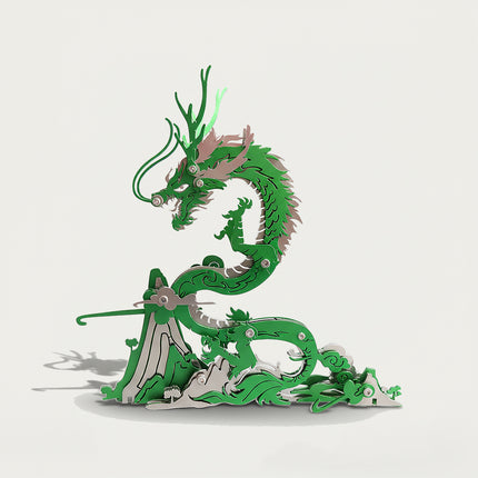 Mechanical Green Dragon (Qinglong) 3D puzzle Metal Kits, suitable for puzzle lovers pursuing culturally profound and dynamic assembly, mythology and steampunk enthusiasts captivated by its vivid ancient-fantasy design, and collectors/hobbyists curating unique display pieces, offers a fun and challenging build with striking green details. It’s a magnificent, fantasy-mecha premium metal model ideal for culturally-inspired decor, eye-catching display, and a bold focal point for your funny table, merging the my