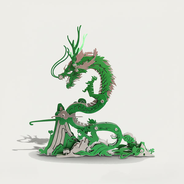 Mechanical Green Dragon (Qinglong) 3D puzzle Metal Kits, suitable for puzzle lovers pursuing culturally profound and dynamic assembly, mythology and steampunk enthusiasts captivated by its vivid ancient-fantasy design, and collectors/hobbyists curating unique display pieces, offers a fun and challenging build with striking green details. It’s a magnificent, fantasy-mecha premium metal model ideal for culturally-inspired decor, eye-catching display, and a bold focal point for your funny table, merging the my