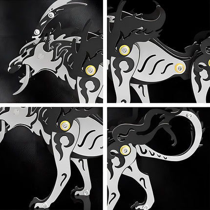 Four-panel detail showcase of the black and white stylized wolf king metal model, featuring close-ups of its head, body, legs, and tail, highlighting the intricate design of this mechanical steampunk 3D puzzle Metal Kit.
