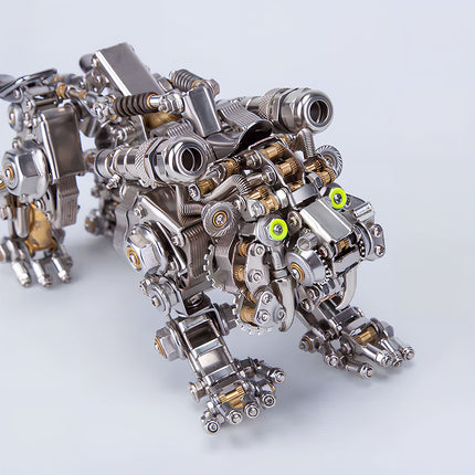  Front view of an intricate metal model saber-toothed tiger, highlighting its mechanical steampunk features and glowing yellow eyes. This steam punk mech is a challenging metal kit for enthusiasts.
