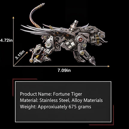This is a 3D metal puzzle steampunk mechanical tiger, made of stainless steel & alloy. It measures 7.09in (length) × 4.72in (height) × 3.15in (width), weighs ~675g, with exposed gears/joints and poseable parts.Highlighted by intricate puzzle craft, compact yet detailed modeling, and industrial steampunk style, it’s a collectible blending 3D puzzle art and mechanical design.
