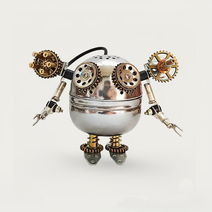 Table Funny DIY Metal Kits: Cute round metal model robot, crafted with shiny steel and brass gears, perfect 3D puzzle desktop toy