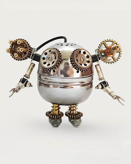 Table Funny DIY Metal Kits: Cute round metal model robot, crafted with shiny steel and brass gears, perfect 3D puzzle desktop toy