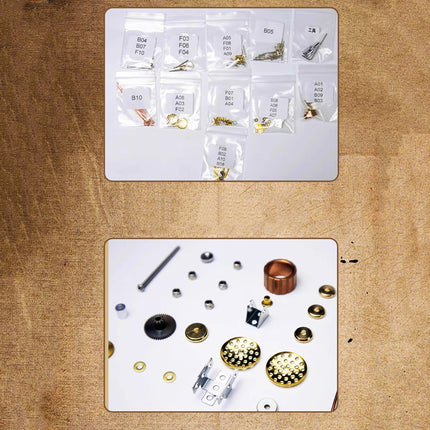 A clear view of the organized parts for a DIY metal kit 3D puzzle, showcasing various small metal components in individual bags and laid out for assembly. This image highlights the detailed contents of a metal model kit, promising a rewarding and funny table craft project.