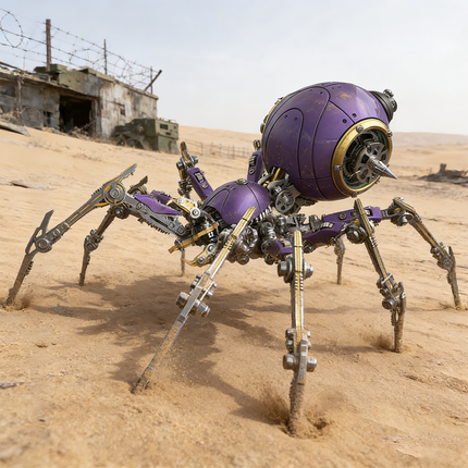 Sci-fi mechanical steampunk spider 3D puzzle metal kit with a weathered purple body and golden-accented legs, traversing a desolate desert landscape with abandoned structures in the background. This detailed steam punk mech is a captivating steampunk puzzle, offering a challenging build and serving as a unique metal model for collectors of post-apocalyptic mechanical steampunk art and futuristic metal kits.