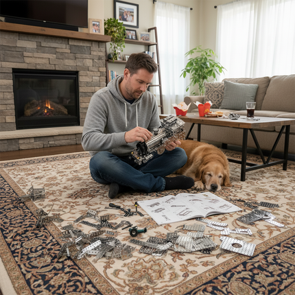 Man assembling a detailed metal model at home, surrounded by parts and an instruction manual, with a golden retriever resting nearby. A relaxing DIY mechanical hobby scene