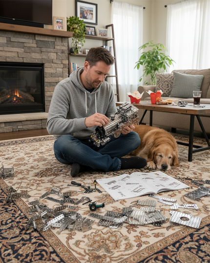 Man assembling a detailed metal model at home, surrounded by parts and an instruction manual, with a golden retriever resting nearby. A relaxing DIY mechanical hobby scene