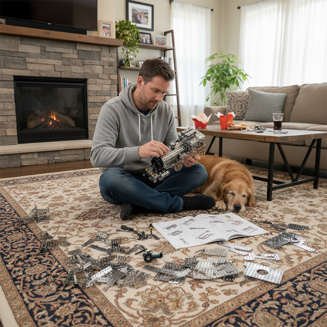 Man assembling a detailed metal model at home, surrounded by parts and an instruction manual, with a golden retriever resting nearby. A relaxing DIY mechanical hobby scene