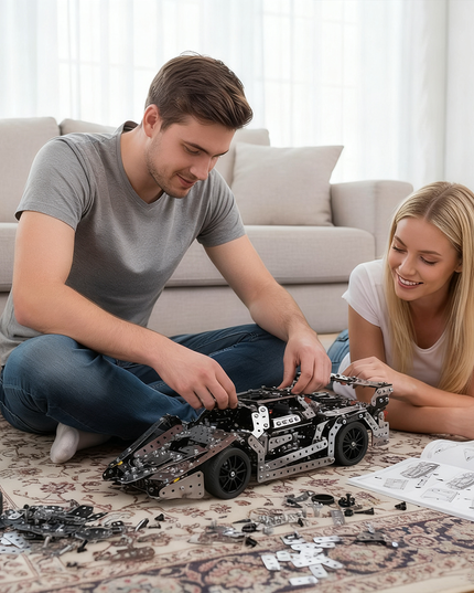 Couple assembling a black metal race car 3D puzzle model from DIY Metal Kits at home, surrounded by tools and parts. A creative funny table moment from tablefunny