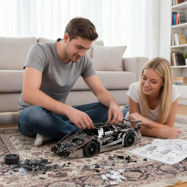 Couple assembling a black metal race car 3D puzzle model from DIY Metal Kits at home, surrounded by tools and parts. A creative funny table moment from tablefunny