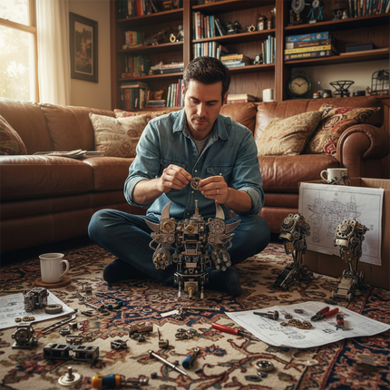 A man assembles a steampunk mecha metal model in the living room, using a DIY 3D metal kit. Gears, blueprints, and tools are scattered around him. This creative lifestyle scene from tablefunny sparks fun desktop inspiration