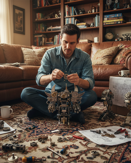 A man assembles a steampunk mecha metal model in the living room, using a DIY 3D metal kit. Gears, blueprints, and tools are scattered around him. This creative lifestyle scene from tablefunny sparks fun desktop inspiration