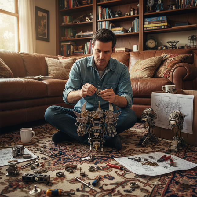 A man assembles a steampunk mecha metal model in the living room, using a DIY 3D metal kit. Gears, blueprints, and tools are scattered around him. This creative lifestyle scene from tablefunny sparks fun desktop inspiration