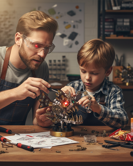 Father and son assemble a steampunk-style mechanical fish metal model on their creative family workbench, using a DIY 3D metal assembly kit to create a warm and whimsical tabletop scene crafted by tablefunny