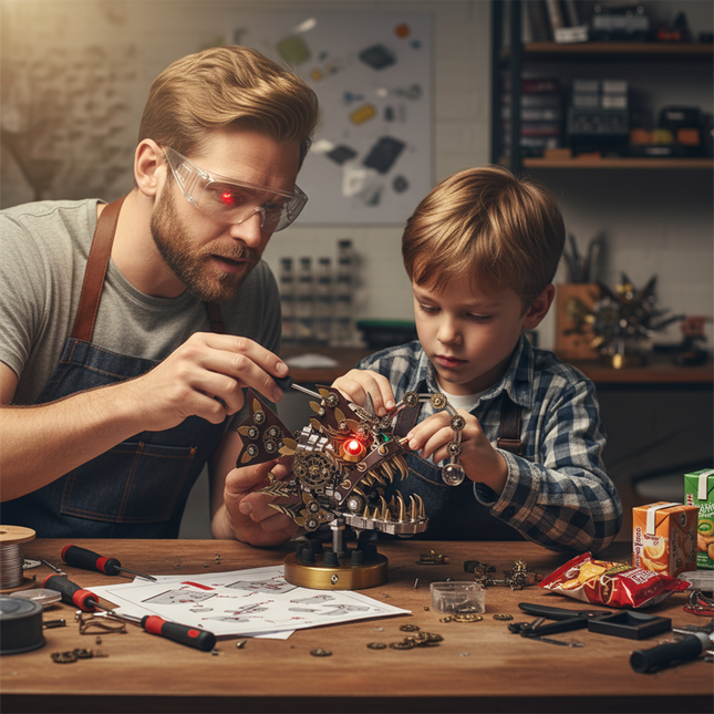 Father and son assemble a steampunk-style mechanical fish metal model on their creative family workbench, using a DIY 3D metal assembly kit to create a warm and whimsical tabletop scene crafted by tablefunny