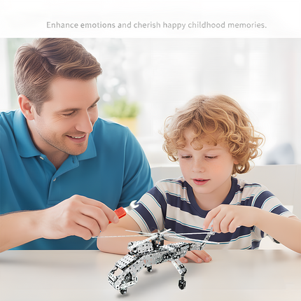 Father and son building a metal helicopter model together, enhancing emotions and cherishing happy childhood memories. This DIY 3D puzzle from our Metal Kits offers a wonderful "funny table" bonding activity, creating a cherished "table funny" metal model