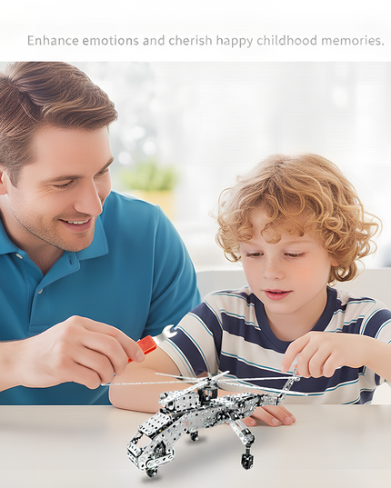 Father and son building a metal helicopter model together, enhancing emotions and cherishing happy childhood memories. This DIY 3D puzzle from our Metal Kits offers a wonderful "funny table" bonding activity, creating a cherished "table funny" metal model