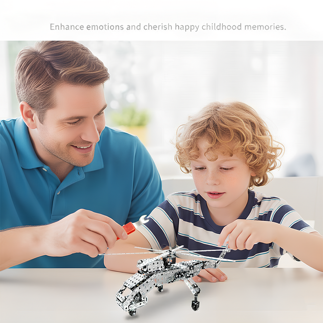 Father and son building a metal helicopter model together, enhancing emotions and cherishing happy childhood memories. This DIY 3D puzzle from our Metal Kits offers a wonderful "funny table" bonding activity, creating a cherished "table funny" metal model