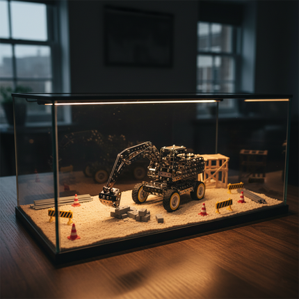 An industrial mechanical steampunk excavator diorama with mini traffic cones, showcasing a unique steampunk puzzle desktop decoration.