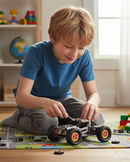 This Mechanical Off-Road Vehicle 3D Metal Puzzle Kit from Table Funny features an interlocking metal part design with red-and-yellow-accented wheels, replicating the structure of a powerful off-road vehicle.Table Funny specializes in creating interactive, screen-free build-and-play kits that merge mechanical engineering aesthetics with exploratory off-road vehicle designs. In a child-friendly home setting where a child focuses on assembling, this kit demonstrates great hands-on fun