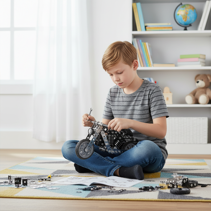 This Mechanical Motorcycle 3D Metal Puzzle Kit features a detailed design with interlocking metallic components. Showcased in a cozy living space where a child is engrossed in assembly, it blends mechanical engineering aesthetics with a realistic motorcycle form. Serving as an engaging assembly project, it fosters hands-on creativity and problem-solving skills, making it ideal for young hobbyists and puzzle lovers, adding a touch of mechanical fun to playtime.