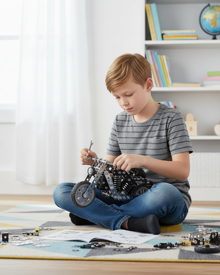 This Mechanical Motorcycle 3D Metal Puzzle Kit features a detailed design with interlocking metallic components. Showcased in a cozy living space where a child is engrossed in assembly, it blends mechanical engineering aesthetics with a realistic motorcycle form. Serving as an engaging assembly project, it fosters hands-on creativity and problem-solving skills, making it ideal for young hobbyists and puzzle lovers, adding a touch of mechanical fun to playtime.