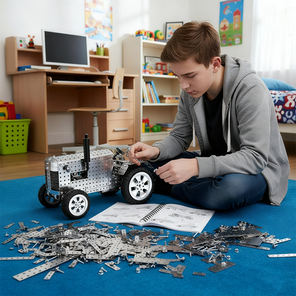 Teen assembling a metal tractor 3D puzzle model at home, surrounded by metal parts and an instruction book. DIY Metal Kit perfect for mechanical learning and creative building